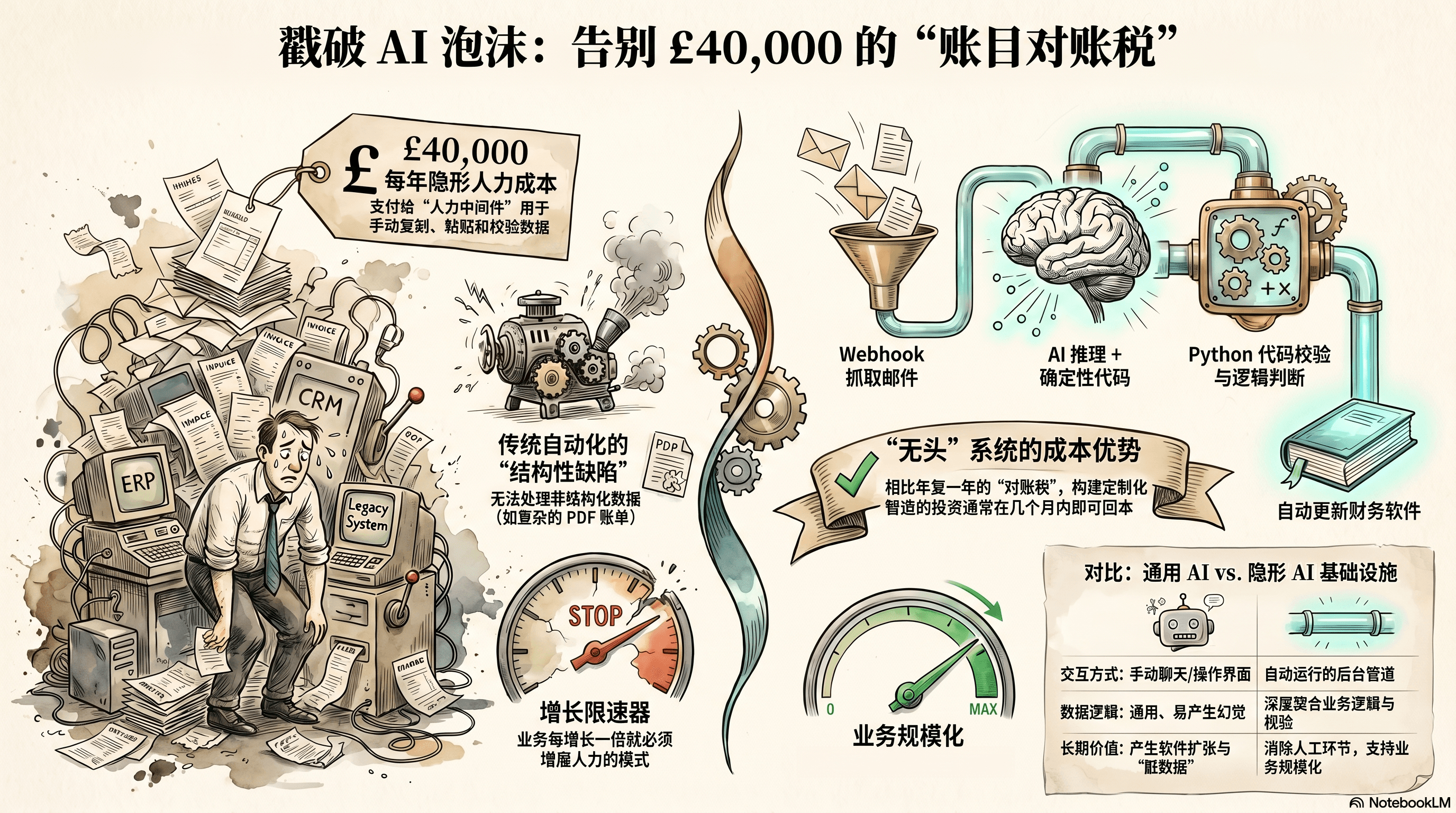 Infographic for 戳破 AI 泡沫:别再交那笔 £40k 的账目对账税了